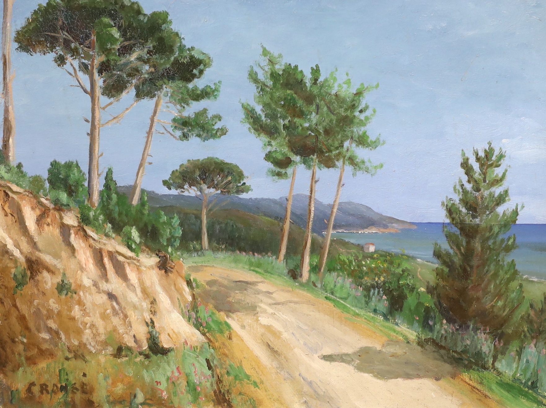 F Croise, Impressionist oil on board, Cote d'Azure, signed, various details verso, 45 x 60cm